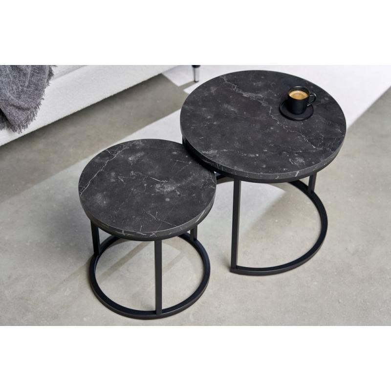 Set van 2 bijzettafels ELEGANCE 45cm zwart marmeren design metalen frame rond - 43644