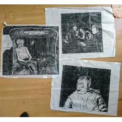 Cort? 1974, set van 3 groot houtsnede's , mensen