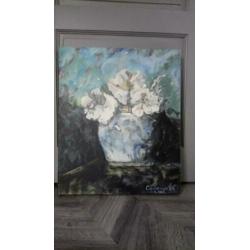 Bloemenschilderij op canvas in blauwtinten (brocante)