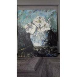 Bloemenschilderij op canvas in blauwtinten (brocante)