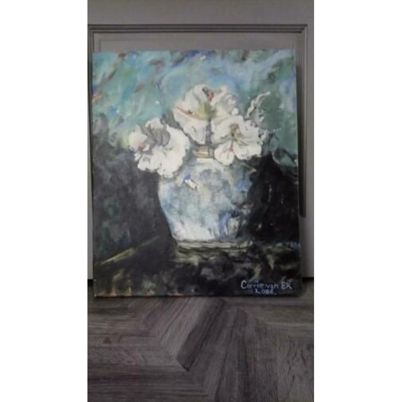 Bloemenschilderij op canvas in blauwtinten (brocante)
