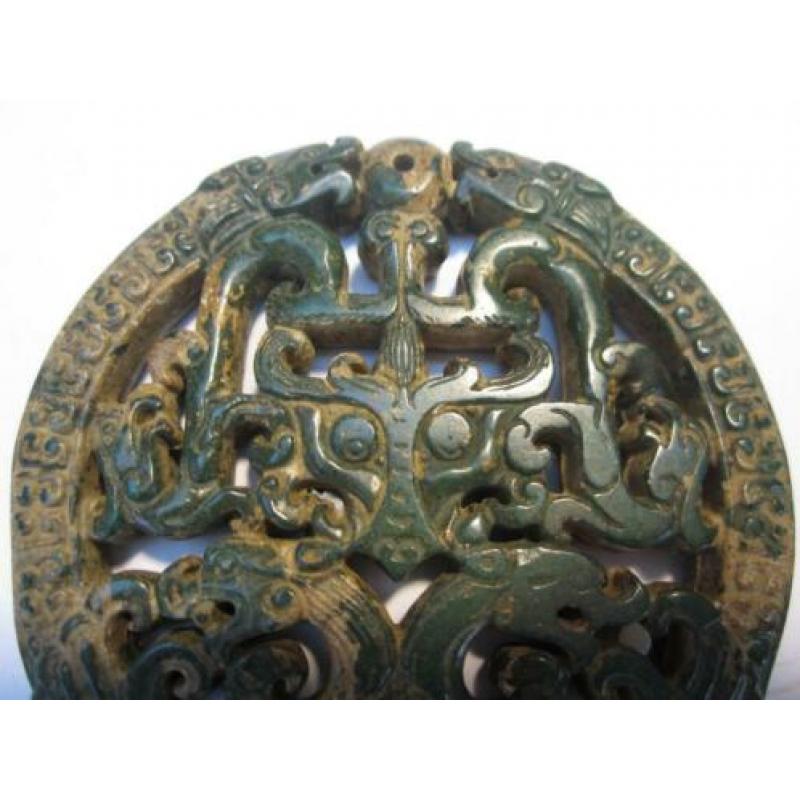 Mooie handgesneden chinese oude jade amulet met draken J15#