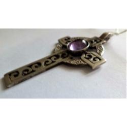 Pracht vintage sterling zilveren Keltisch kruis met amethist