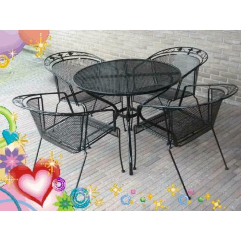 Zeer fraaie 5-delige metalen tuinset: 4 Tuinstoelen + tafel.