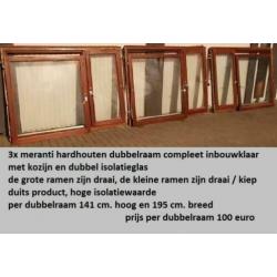 3x meranti dubbelraam+kozijn+dubbel isolatieglas 141hgx195br