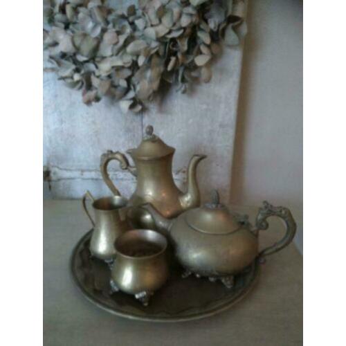 Oud koperen thee/koffie servies melkkan suikerpotje *Etage3*