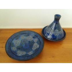 Blauwe Marokkaanse schaal 42cm en tajine 32cmm aardewerk