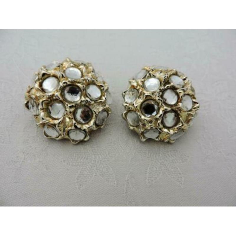 Vintage 80s/90s grote oorbellen knopen zilverkleur strass