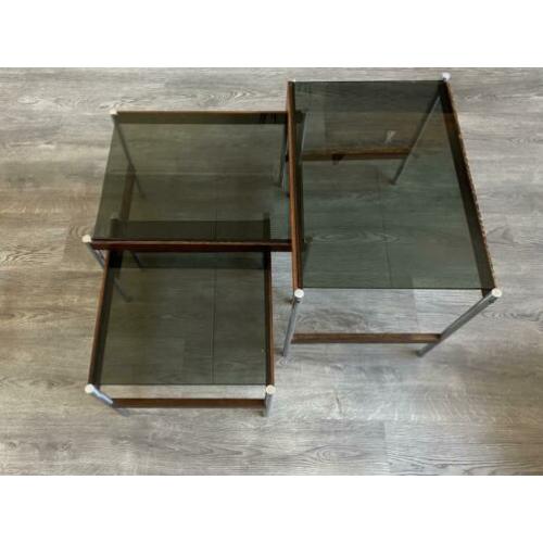 3 bijzettafels/ mimiset vintage deens jaren ‘70 rookglas