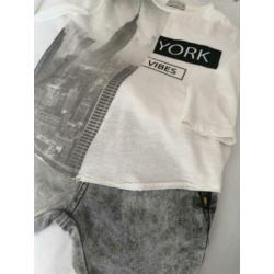 Zara - korte grijze spijkerbroek en shirt New York maat 128