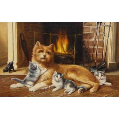 Bert Notenboom 1942-201 Haardvuur/3 Kittens/Hond/Int.