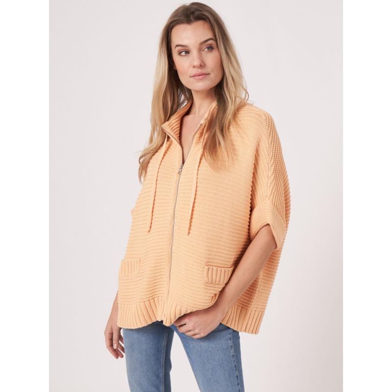 Katoenen poncho met rits en gebreide ribstructuur