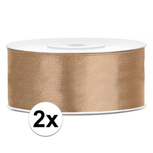 2x Hobby decoratie gouden satijnen sierlinten 2,5 cm 25 mm x 25 meter