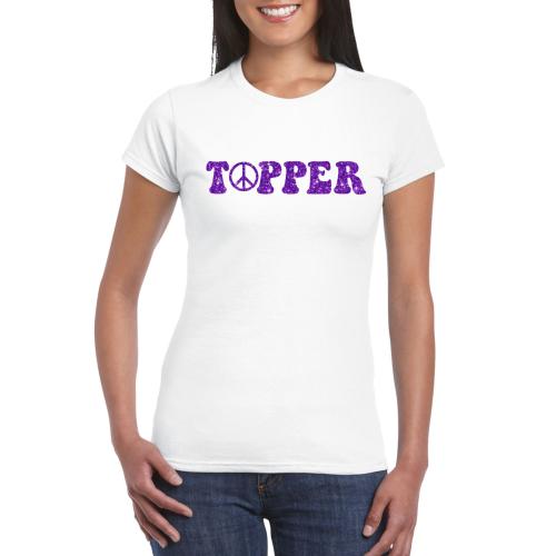 Toppers - Wit Flower Power t-shirt Topper met paarse letters dames
