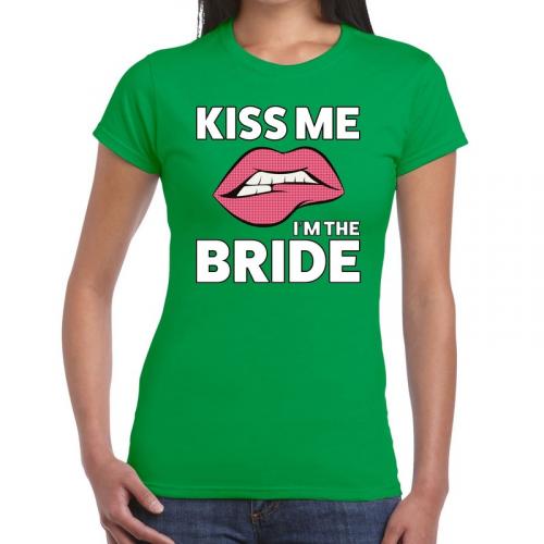 Kiss me i am the bride t-shirt groen dames - feest shirts dames - vrijgezellenfeest kleding